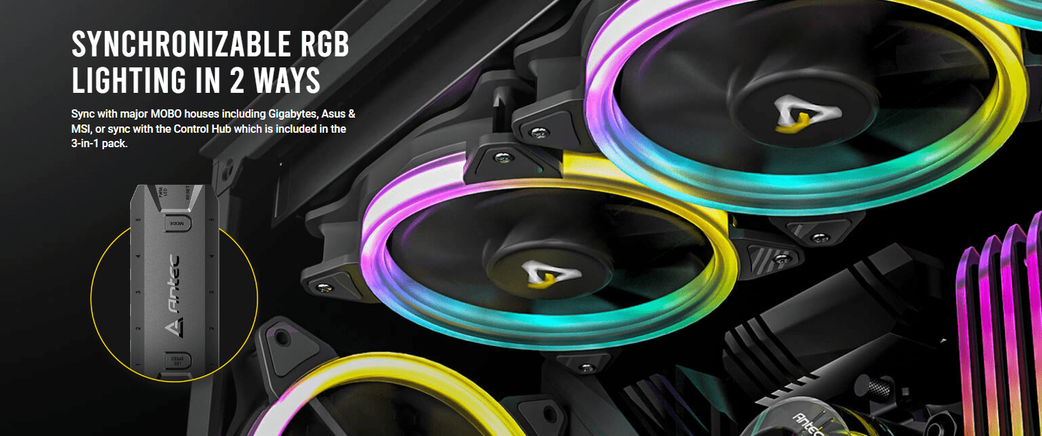 Antec Neon 120 Pwm Argb 3 In 1 Fan 6 Synchronizable rgb lighting in 2 ways