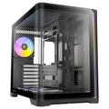 Front-left three-quarter view of the empty Antec C5 ARGB Black interior, displaying the dual-chamber layout, motherboard tray, three bottom intake fans, and one rear exhaust fan.