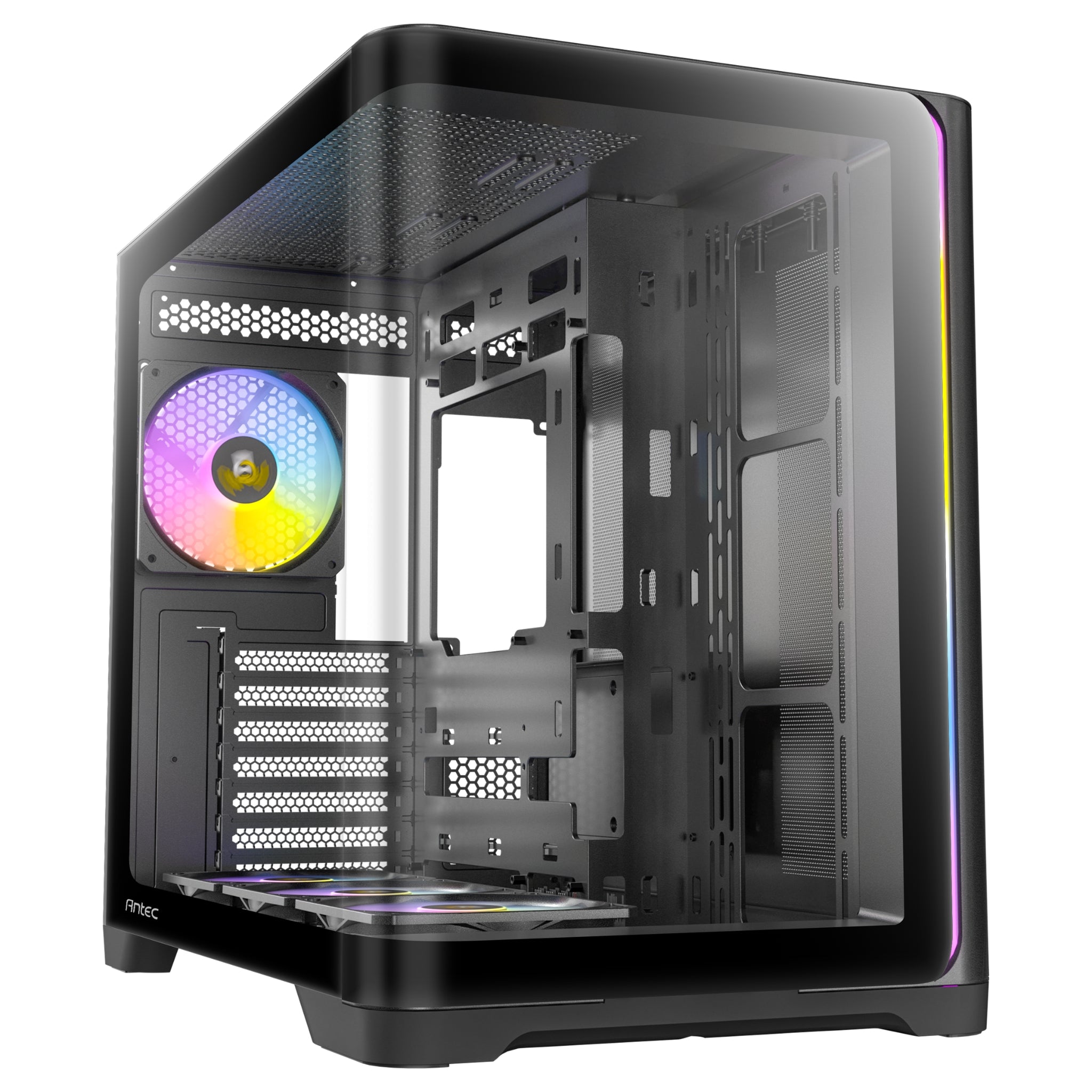 Front-left three-quarter view of the empty Antec C5 ARGB Black interior, displaying the dual-chamber layout, motherboard tray, three bottom intake fans, and one rear exhaust fan.