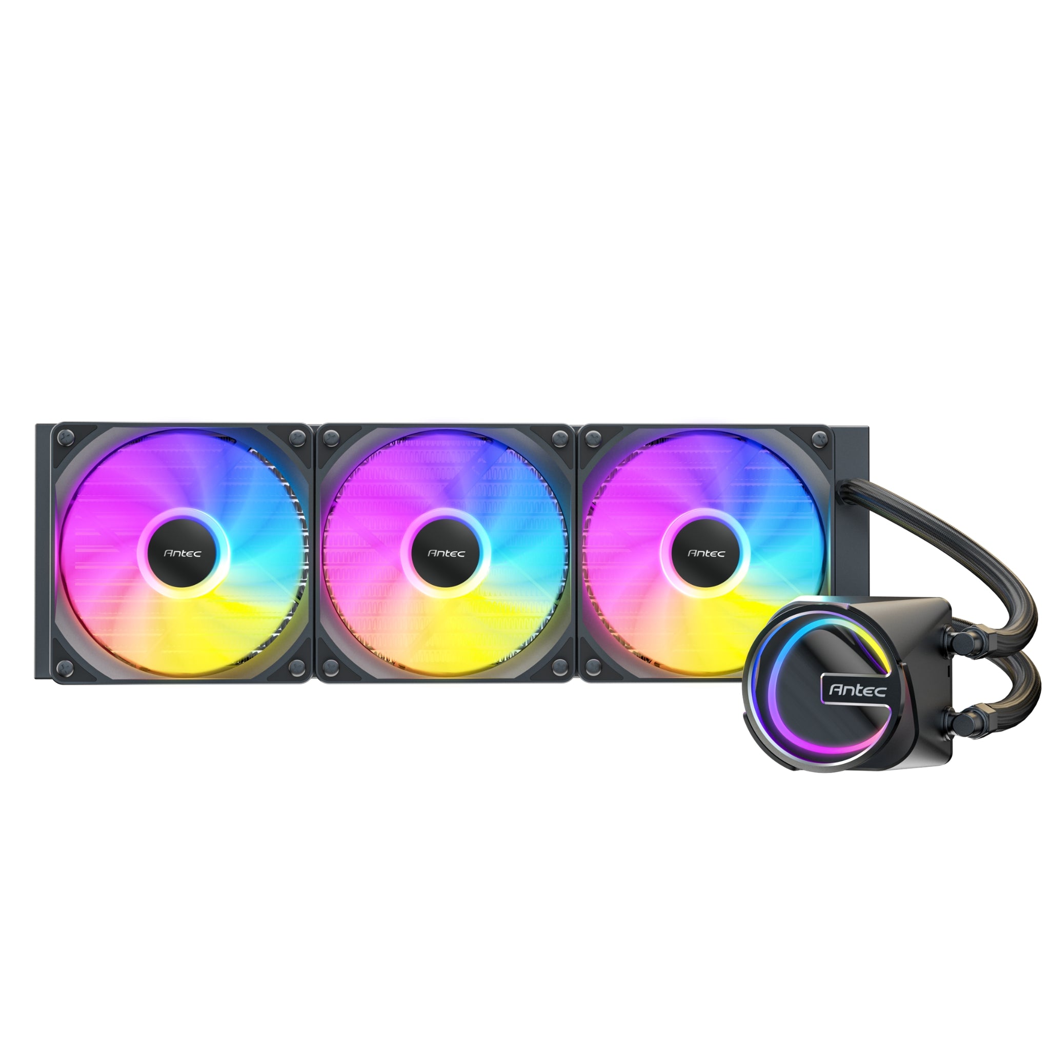 Close-up of the Antec Skeleton 360 ARGB Black CPU cooler pump head, featuring a sleek black housing, premium braided tubing connections, and a vibrant circular ARGB lighting ring centered around the Antec logo.
