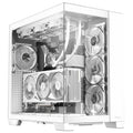 Fully assembled white gaming PC inside the Antec C8 White dual-chamber case, featuring a pillarless panoramic glass design, vertical GPU mount, and custom liquid cooling setup.