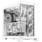 Fully assembled white gaming PC inside the Antec C8 White dual-chamber case, featuring a pillarless panoramic glass design, vertical GPU mount, and custom liquid cooling setup.