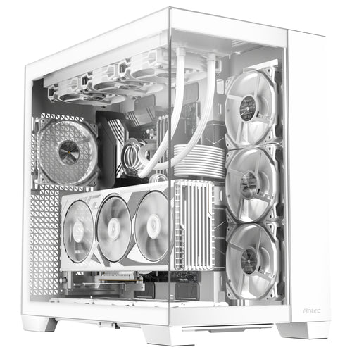 Fully assembled white gaming PC inside the Antec C8 White dual-chamber case, featuring a pillarless panoramic glass design, vertical GPU mount, and custom liquid cooling setup.