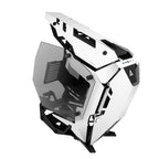 Front-left angled view of the Antec Torque Black and White open-air PC case, highlighting its striking forward-leaning, motorcycle-inspired design, precision-cut white aluminum panels, and tinted tempered glass side panel.
