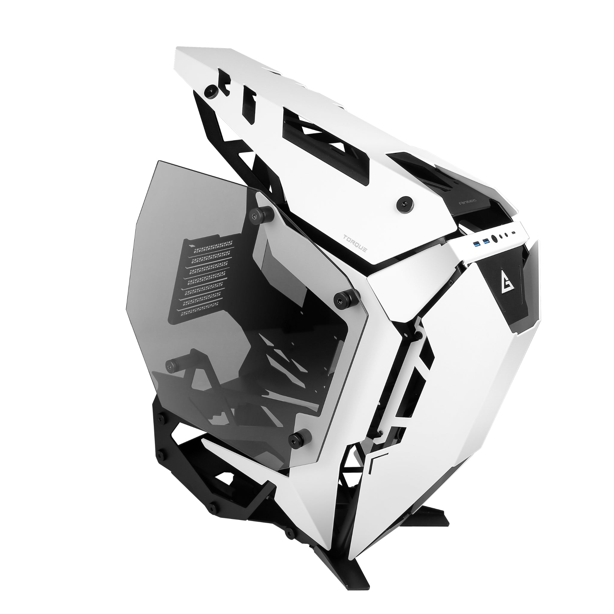 Front-left angled view of the Antec Torque Black and White open-air PC case, highlighting its striking forward-leaning, motorcycle-inspired design, precision-cut white aluminum panels, and tinted tempered glass side panel.