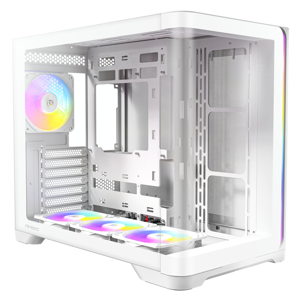 Low-angle, three-quarter exterior view of the white Antec dual-chamber PC case, highlighting the seamless wraparound tempered glass, bottom-mounted ARGB intake fans, and illuminated rear exhaust fan.