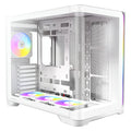 Low-angle, three-quarter exterior view of the white Antec dual-chamber PC case, highlighting the seamless wraparound tempered glass, bottom-mounted ARGB intake fans, and illuminated rear exhaust fan.