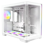 Low-angle, three-quarter exterior view of the white Antec dual-chamber PC case, highlighting the seamless wraparound tempered glass, bottom-mounted ARGB intake fans, and illuminated rear exhaust fan.