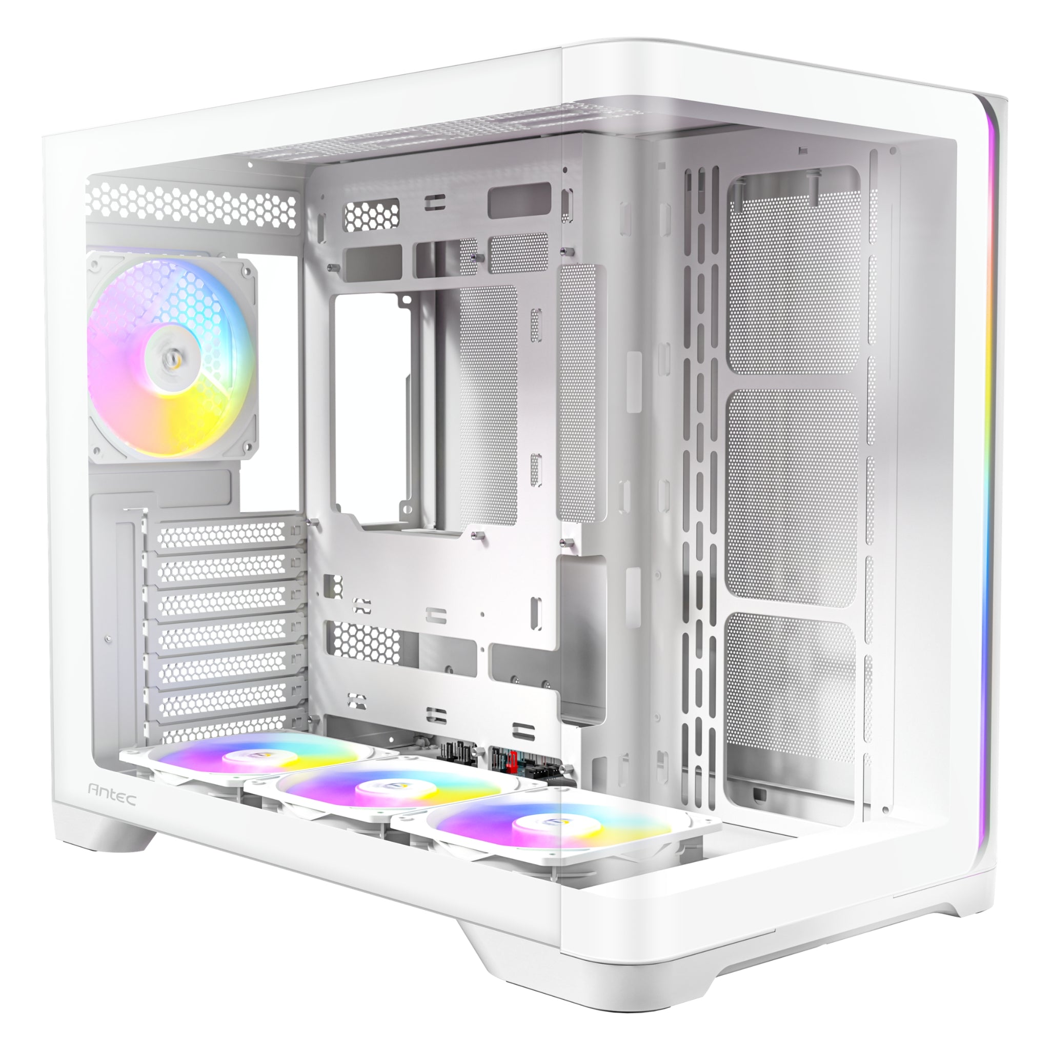 Low-angle, three-quarter exterior view of the white Antec dual-chamber PC case, highlighting the seamless wraparound tempered glass, bottom-mounted ARGB intake fans, and illuminated rear exhaust fan.