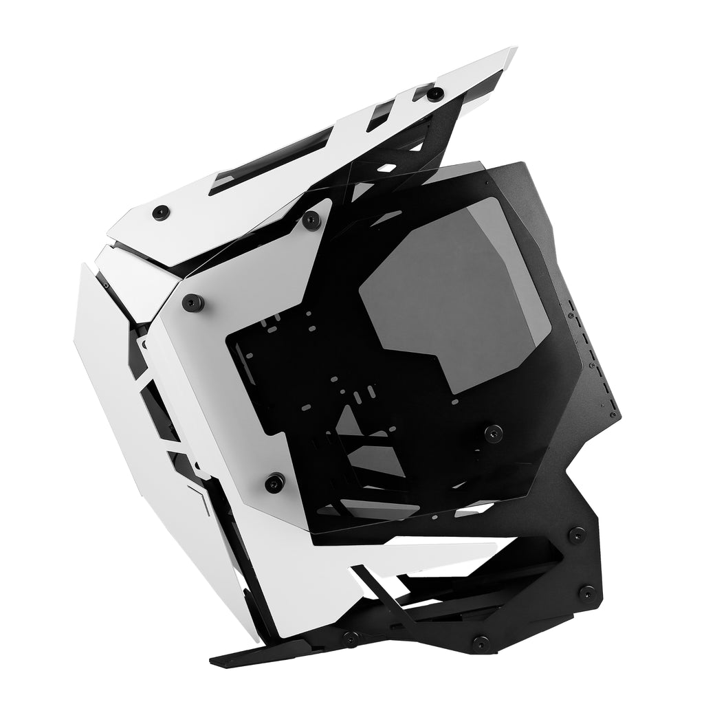 Right-side profile of the Antec Torque Black and White chassis, showcasing the open-frame architecture, heavy-duty black framework, contrasting white aluminum accents, and the secondary tinted tempered glass panel.