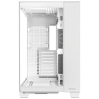 Left-side interior view of the empty Antec C8 White PC case, highlighting the spacious dual-chamber layout, motherboard mounting tray, and rubber grommets for clean cable management.
