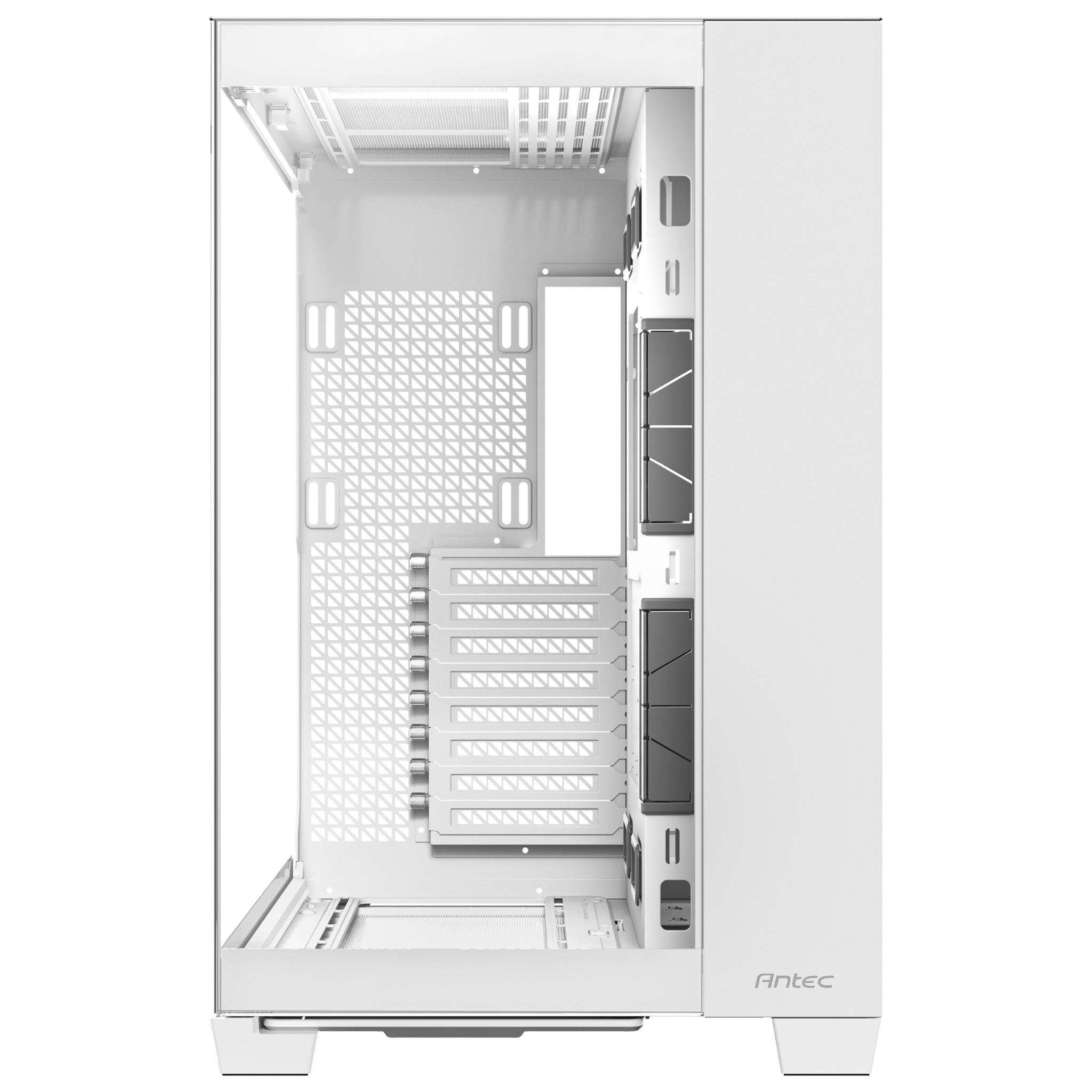 Left-side interior view of the empty Antec C8 White PC case, highlighting the spacious dual-chamber layout, motherboard mounting tray, and rubber grommets for clean cable management.