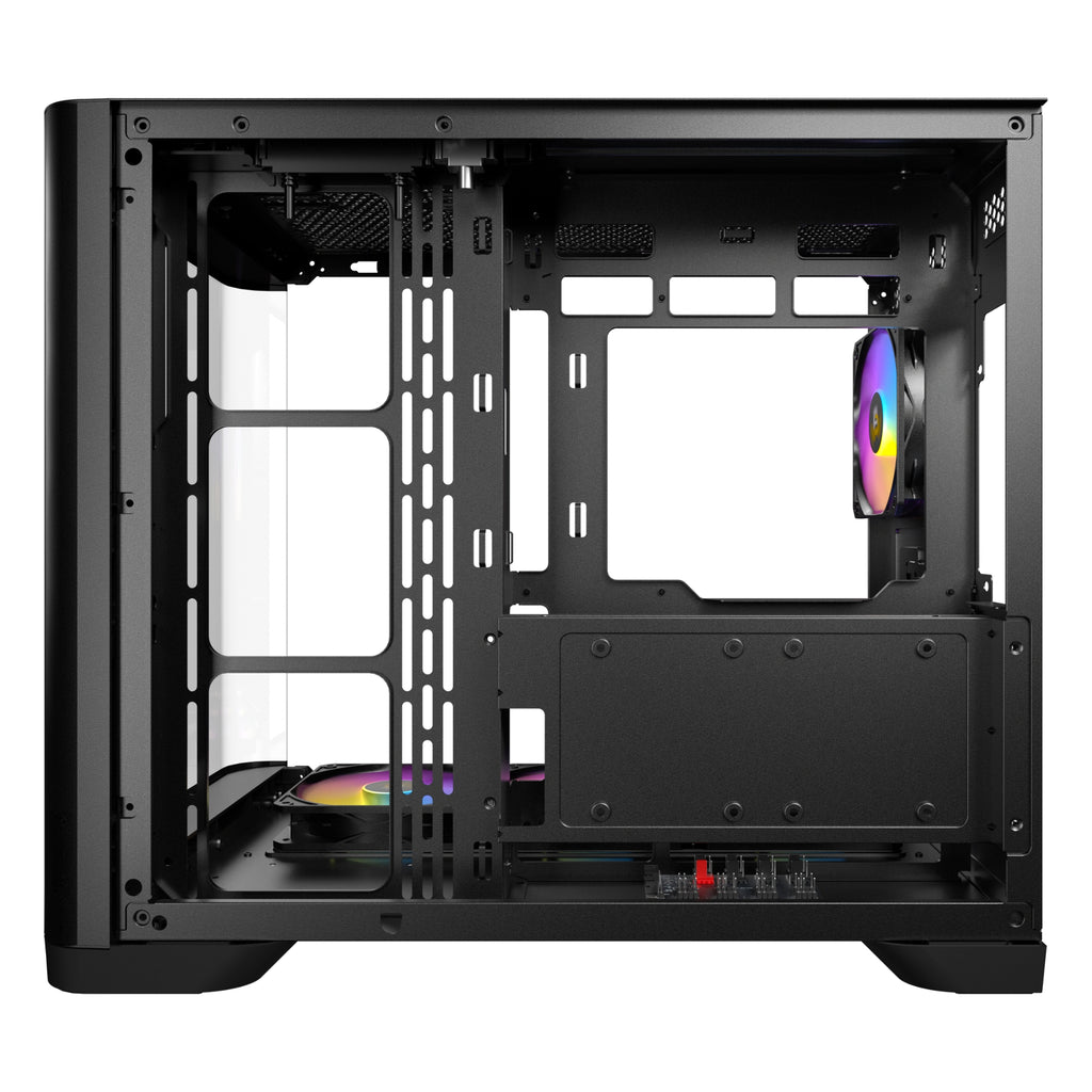 Right-side interior view of the Antec C5 ARGB Black case, revealing the rear chamber designed for cable management, power supply installation, and side fan or storage mounting brackets.
