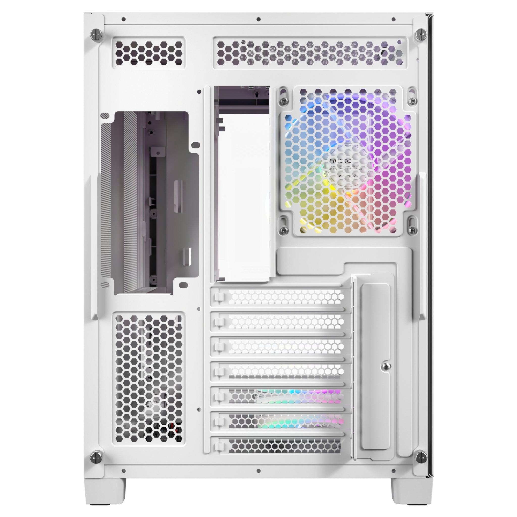 Rear panel view of the white Antec case, displaying the dual-chamber layout with the power supply mount on the left, motherboard I/O cutout, 120mm ARGB exhaust fan, and seven white expansion slots.