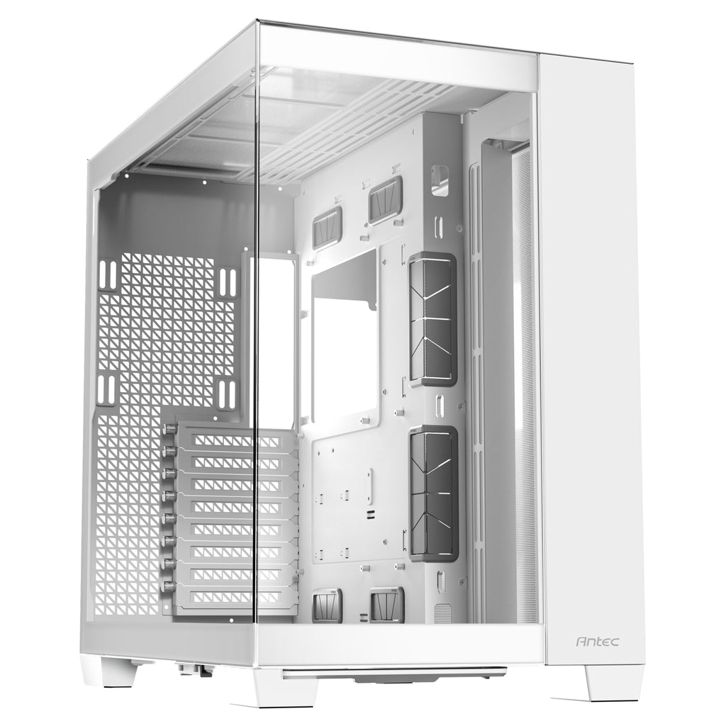 Angled front-left view of the Antec C8 White chassis, showcasing the seamless pillarless tempered glass front and side panels and a clean, minimalist aesthetic for high-end PC builds.