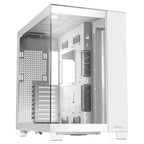 Angled front-left view of the Antec C8 White chassis, showcasing the seamless pillarless tempered glass front and side panels and a clean, minimalist aesthetic for high-end PC builds.