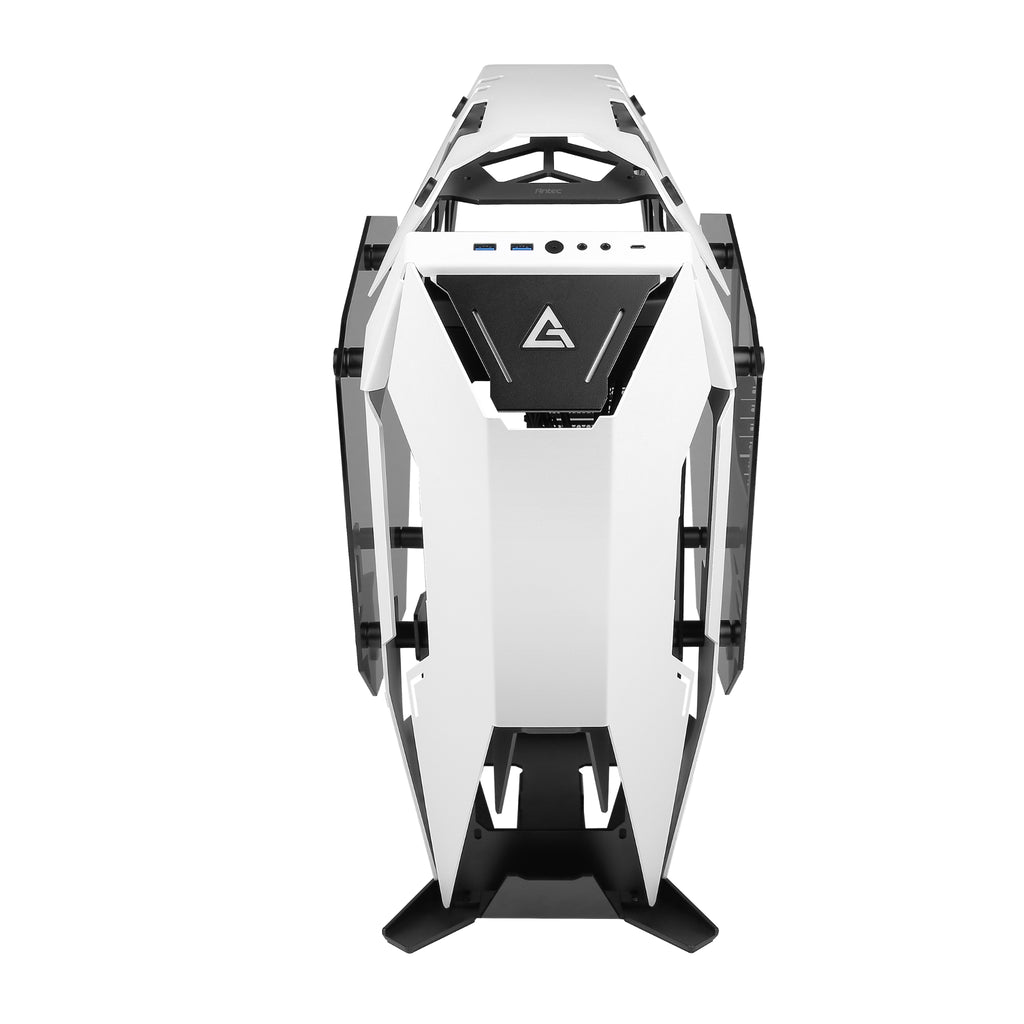 Direct front view of the Antec Torque Black and White PC case, featuring an angular, futuristic front fascia with a central Antec gaming logo and easily accessible top-mounted front I/O connectivity ports.