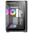 Straight-on front view of the Antec C5 ARGB Black case, featuring a clear glass front panel with an integrated ARGB lighting strip along the right edge and visibility into the main chamber.