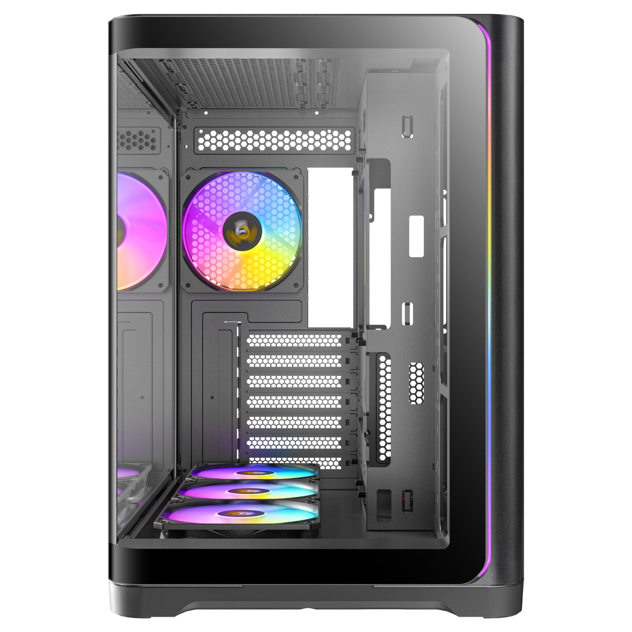 Straight-on front view of the Antec C5 ARGB Black case, featuring a clear glass front panel with an integrated ARGB lighting strip along the right edge and visibility into the main chamber.