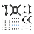 Comprehensive mounting hardware kit for the Antec Skeleton 360 ARGB cooler, featuring Intel and AMD CPU mounting brackets, a universal backplate, assorted standoffs and screws, thermal paste, a spreader tool, and connection cables.