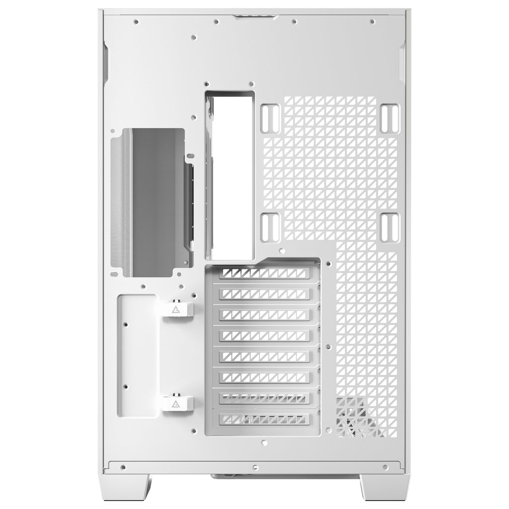 Rear view of the Antec C8 White dual-chamber case, detailing the split-compartment design, extensive mesh ventilation panels, left-side power supply mount, and eight expansion slots.