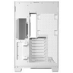 Rear view of the Antec C8 White dual-chamber case, detailing the split-compartment design, extensive mesh ventilation panels, left-side power supply mount, and eight expansion slots.