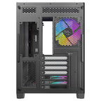Rear panel view of the Antec C5 ARGB Black case, showing the dual-chamber design with the power supply mount on the left, motherboard I/O cutout, 120mm ARGB exhaust fan, and seven expansion slots.