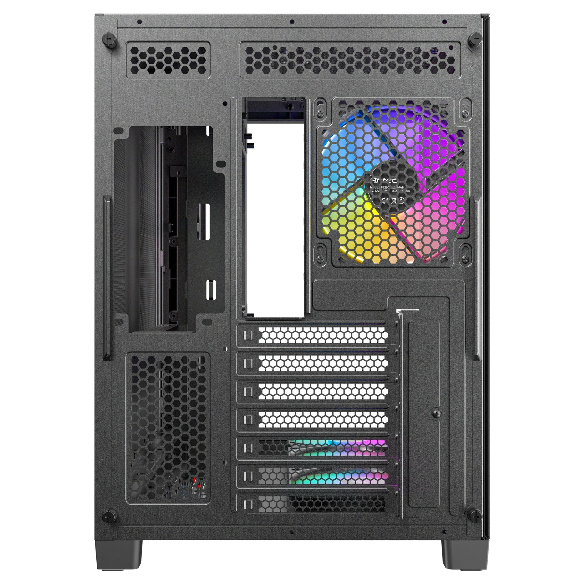Rear panel view of the Antec C5 ARGB Black case, showing the dual-chamber design with the power supply mount on the left, motherboard I/O cutout, 120mm ARGB exhaust fan, and seven expansion slots.