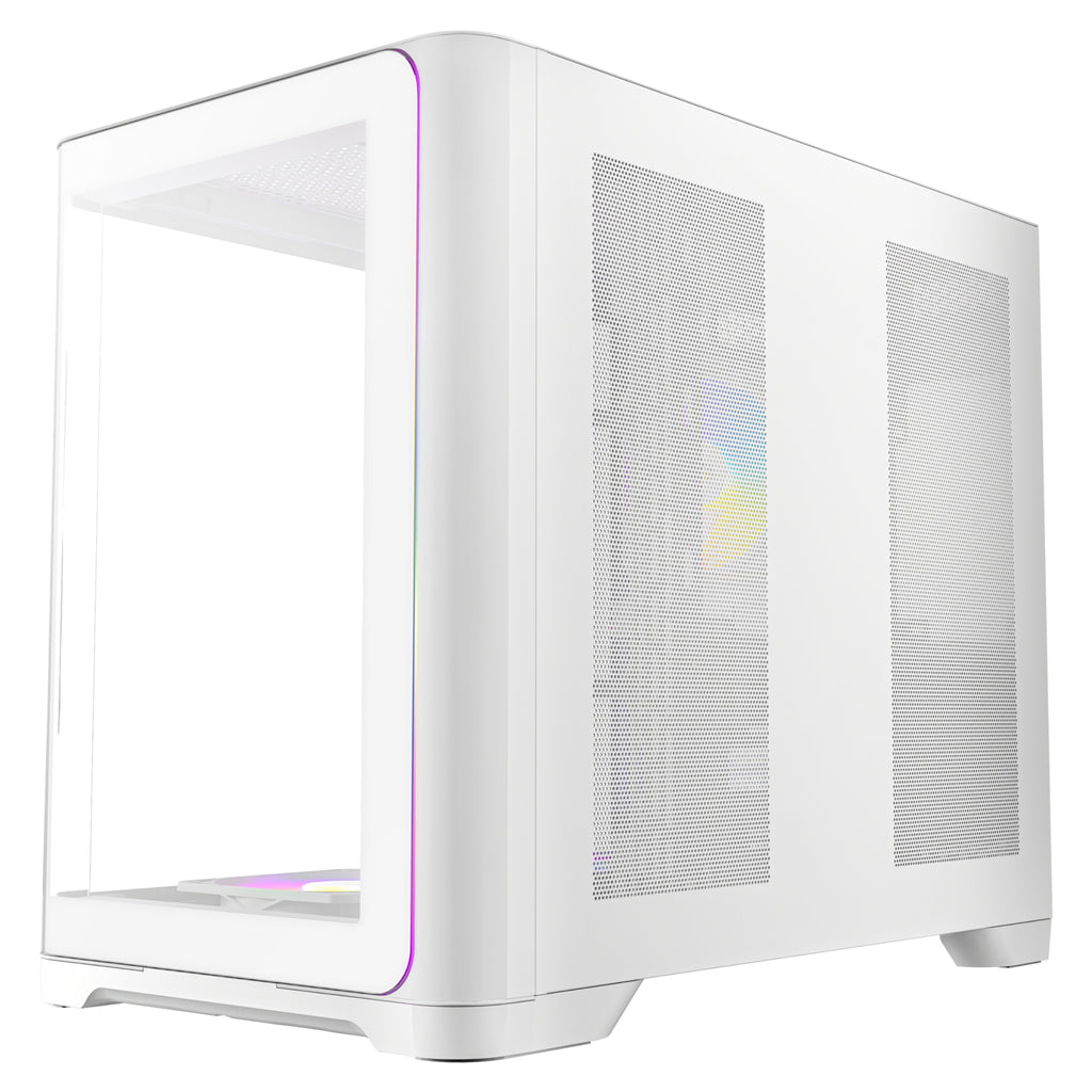 Right-side exterior view of the white Antec case, showcasing a solid metal side panel equipped with two large vertical mesh cutouts designed to support optimal airflow and thermal performance.