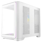 Right-side exterior view of the white Antec case, showcasing a solid metal side panel equipped with two large vertical mesh cutouts designed to support optimal airflow and thermal performance.