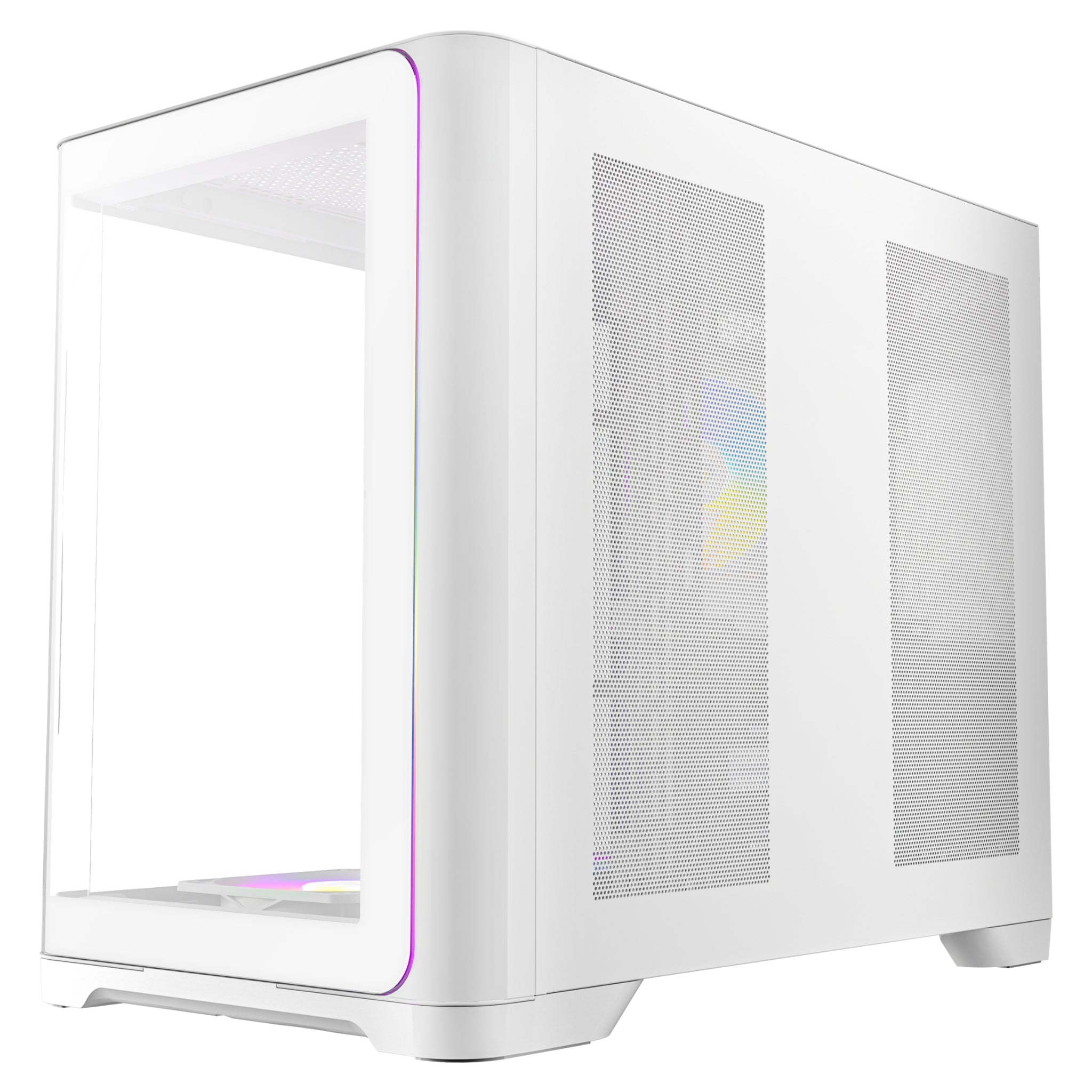 Right-side exterior view of the white Antec case, showcasing a solid metal side panel equipped with two large vertical mesh cutouts designed to support optimal airflow and thermal performance.