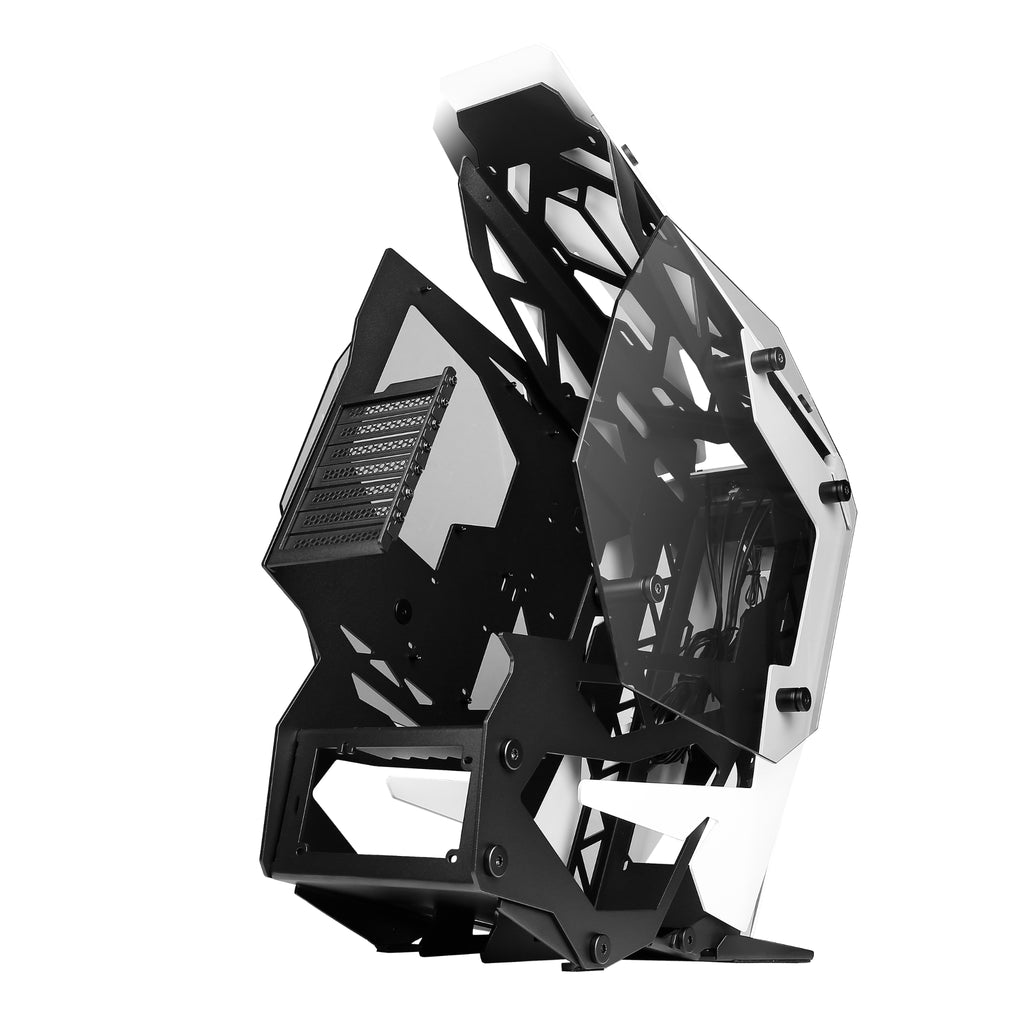 Rear-angled perspective of the Antec Torque Black and White open-air chassis, detailing the exposed rear I/O cutout, PCIe expansion slots, and the unique forward-tilted aluminum frame geometry.