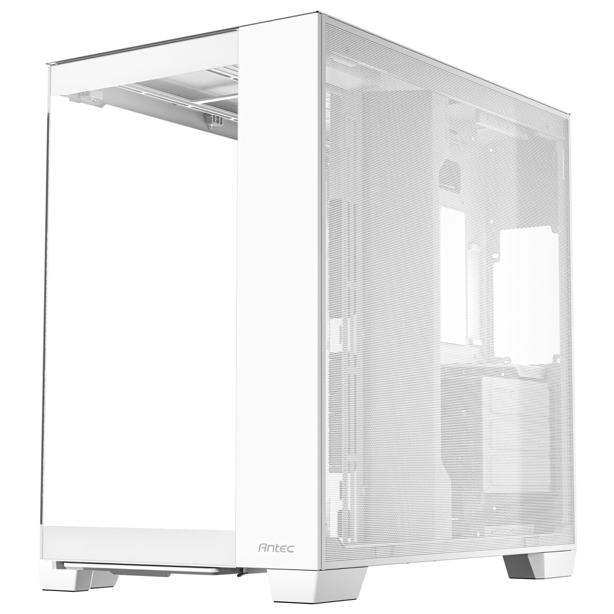 Right-side exterior profile of the Antec C8 White case, featuring a full-length, fine mesh metal side panel designed to maximize airflow and overall thermal performance.