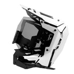 Left-side profile view of the Antec Torque Black and White open-air gaming case, displaying the main component chamber through a tinted tempered glass panel, framed by aggressive white aluminum armor.