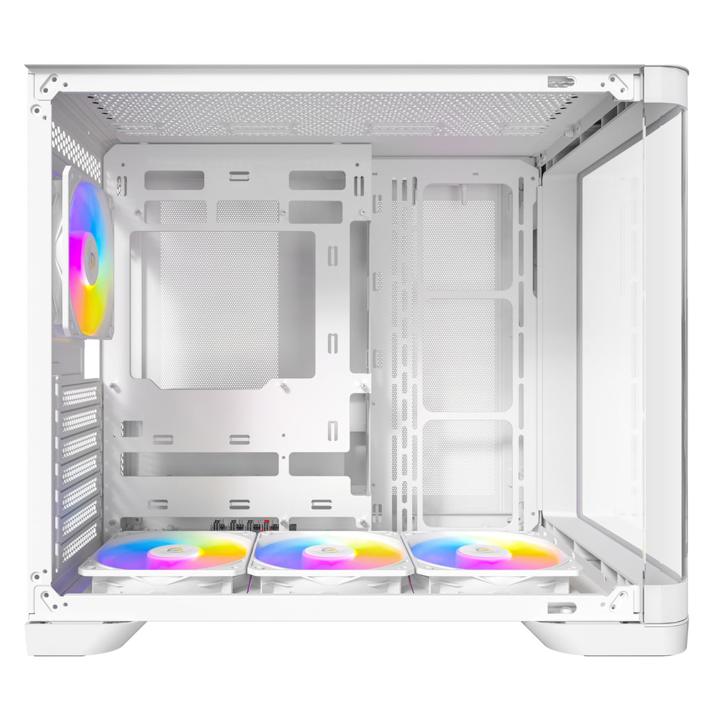 Direct left-side profile of the white Antec PC case, providing a straight-on look through the main tempered glass panel at the spacious interior, motherboard mounting tray, and vibrant ARGB cooling setup.