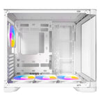 Direct left-side profile of the white Antec PC case, providing a straight-on look through the main tempered glass panel at the spacious interior, motherboard mounting tray, and vibrant ARGB cooling setup.