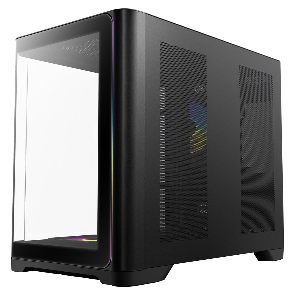 Right-side exterior view of the Antec C5 ARGB Black case, displaying a solid black metal side panel equipped with two large vertical mesh cutouts for enhanced airflow.