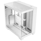 Top-down angled view of the Antec C8 White case, displaying the top mesh exhaust panel, easily accessible front I/O ports, and expansive interior clearance for radiators and cooling fans.