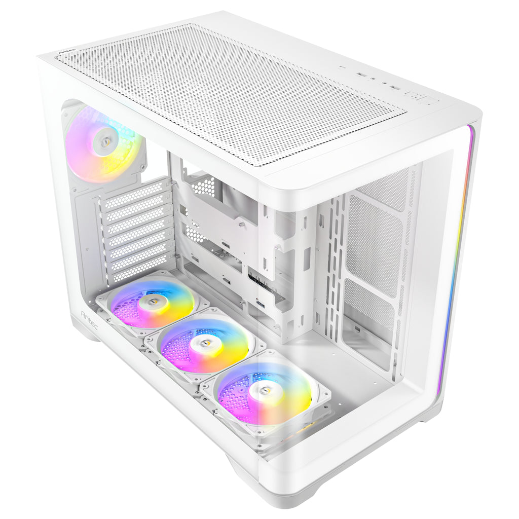 Top-down angled view of the white Antec chassis, highlighting the top mesh ventilation panel, top-mounted front I/O ports, curved glass edges, and the bright internal ARGB lighting.