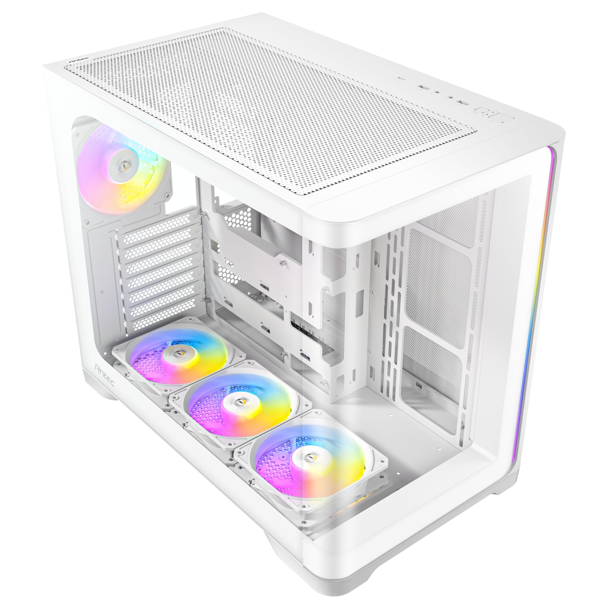 Top-down angled view of the white Antec chassis, highlighting the top mesh ventilation panel, top-mounted front I/O ports, curved glass edges, and the bright internal ARGB lighting.