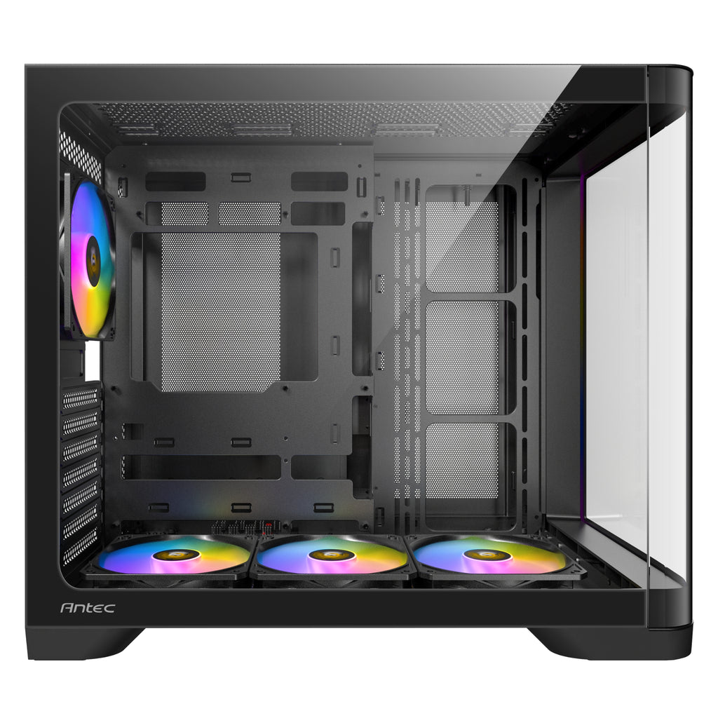 Direct left-side view of the Antec C5 ARGB Black case, providing a clear look through the main tempered glass side panel at the spacious interior, motherboard mounting area, and pre-installed cooling fans.