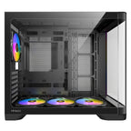 Direct left-side view of the Antec C5 ARGB Black case, providing a clear look through the main tempered glass side panel at the spacious interior, motherboard mounting area, and pre-installed cooling fans.
