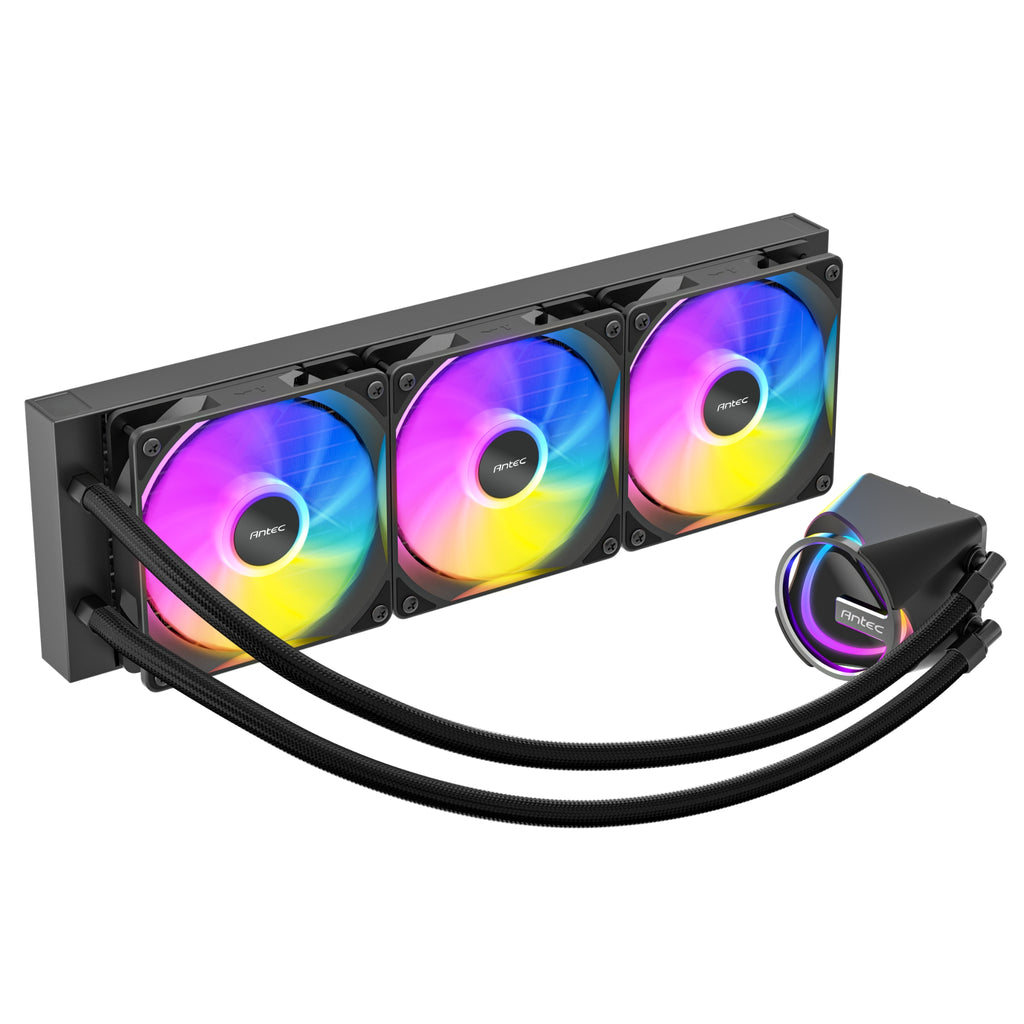 Straight-on front view of the Antec Skeleton 360 ARGB Black liquid cooler, displaying the three seamlessly illuminated ARGB radiator fans alongside the circular ARGB pump head.
