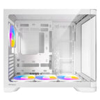 Left-side interior view of the white Antec dual-chamber case, emphasizing the clean aesthetics, bottom fan mounts, rear exhaust setup, and expansive hardware clearance through the side glass panel.
