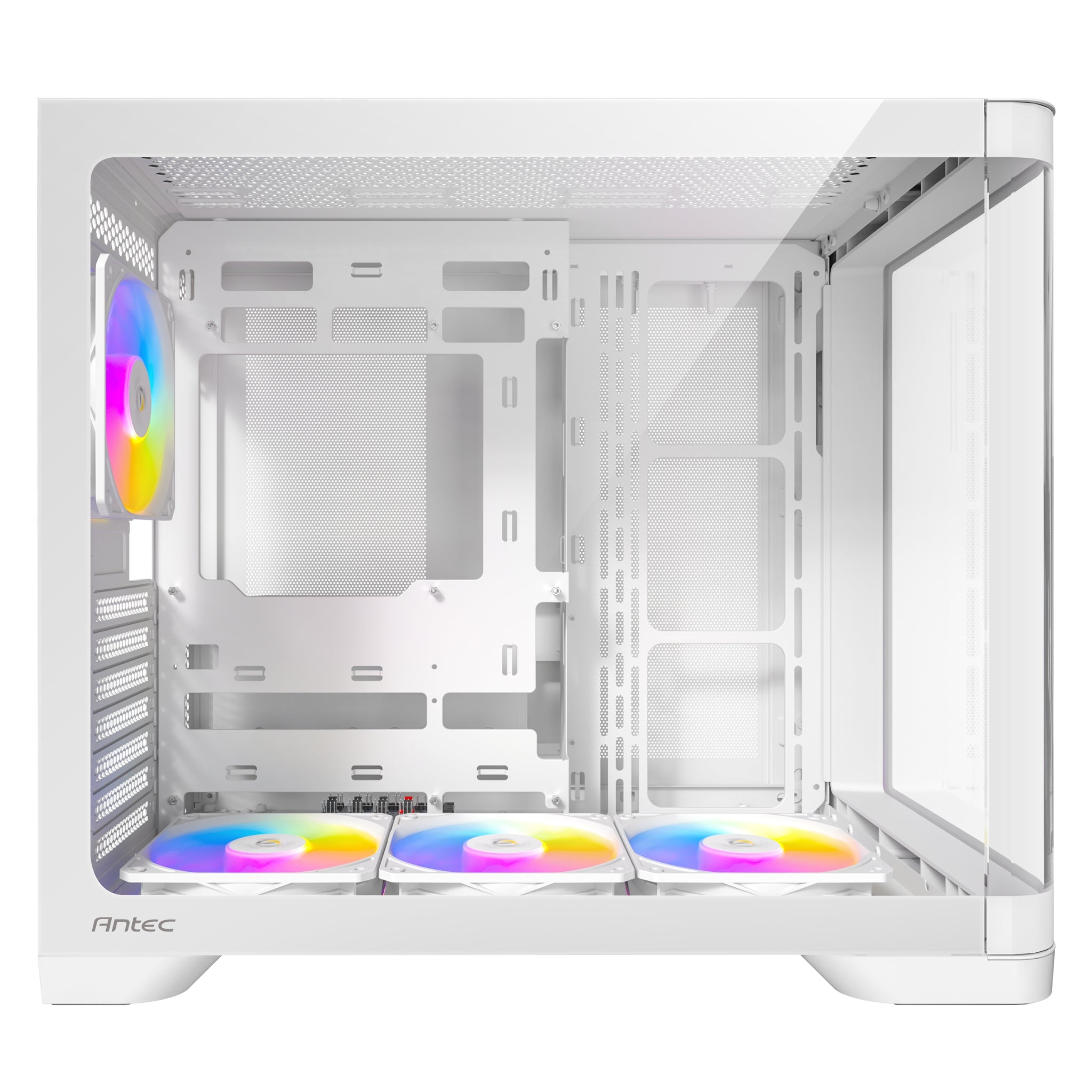 Left-side interior view of the white Antec dual-chamber case, emphasizing the clean aesthetics, bottom fan mounts, rear exhaust setup, and expansive hardware clearance through the side glass panel.