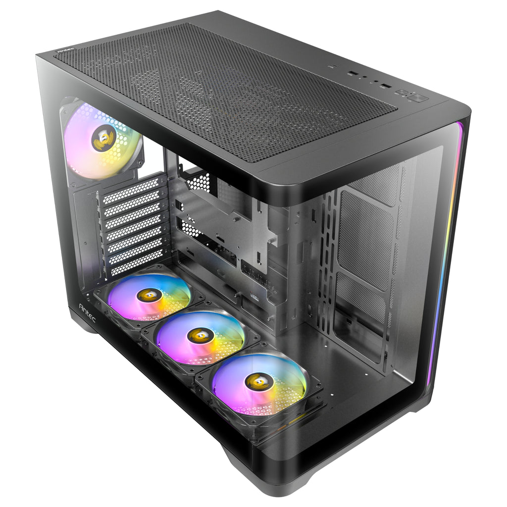 Top-down angled view of the Antec C5 ARGB Black PC case, highlighting the seamless front and side glass panels, top mesh ventilation, front I/O ports, and pre-installed internal ARGB fans.