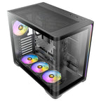 Top-down angled view of the Antec C5 ARGB Black PC case, highlighting the seamless front and side glass panels, top mesh ventilation, front I/O ports, and pre-installed internal ARGB fans.