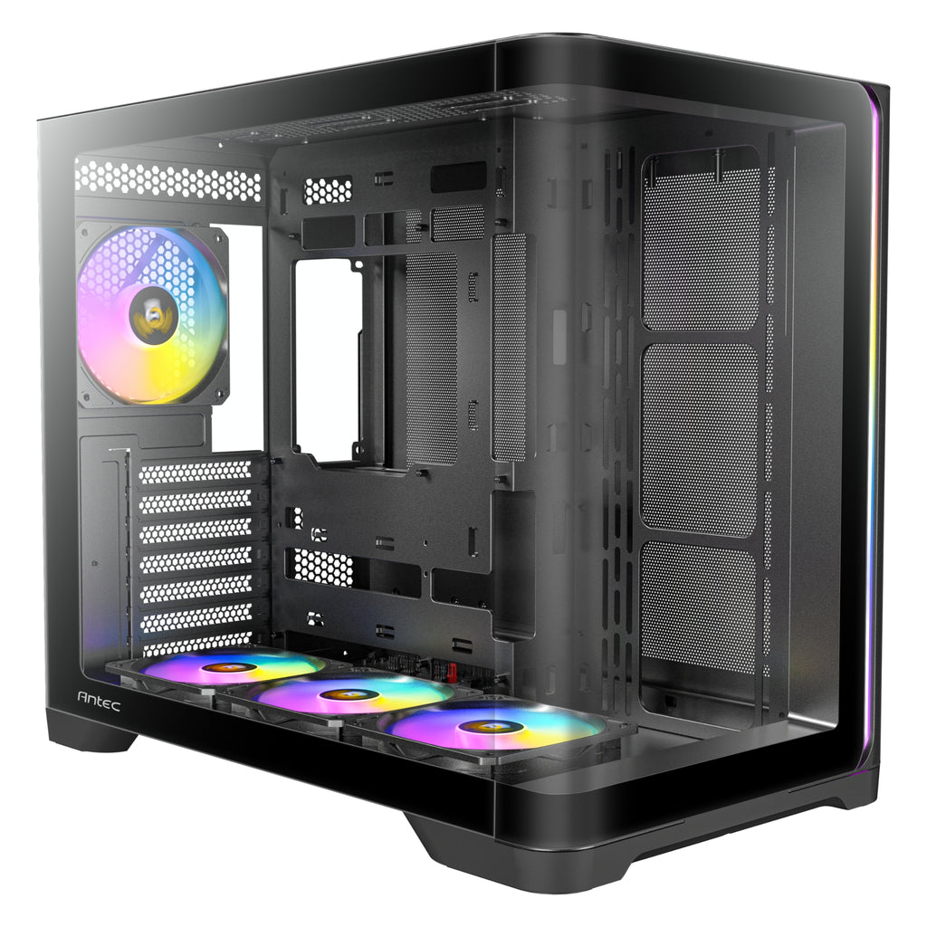 Front-left three-quarter view of the empty Antec C5 ARGB Black interior, displaying the dual-chamber layout, motherboard tray, three bottom intake fans, and one rear exhaust fan.