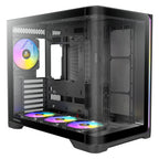 Front-left three-quarter view of the empty Antec C5 ARGB Black interior, displaying the dual-chamber layout, motherboard tray, three bottom intake fans, and one rear exhaust fan.
