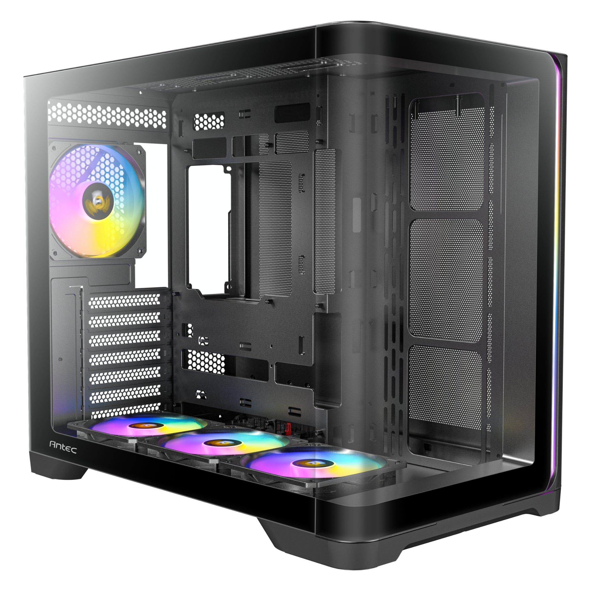 Front-left three-quarter view of the empty Antec C5 ARGB Black interior, displaying the dual-chamber layout, motherboard tray, three bottom intake fans, and one rear exhaust fan.